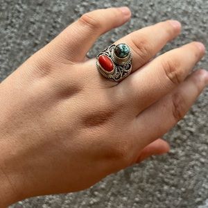 Turquoise & Coral 925 sterling ring vintage